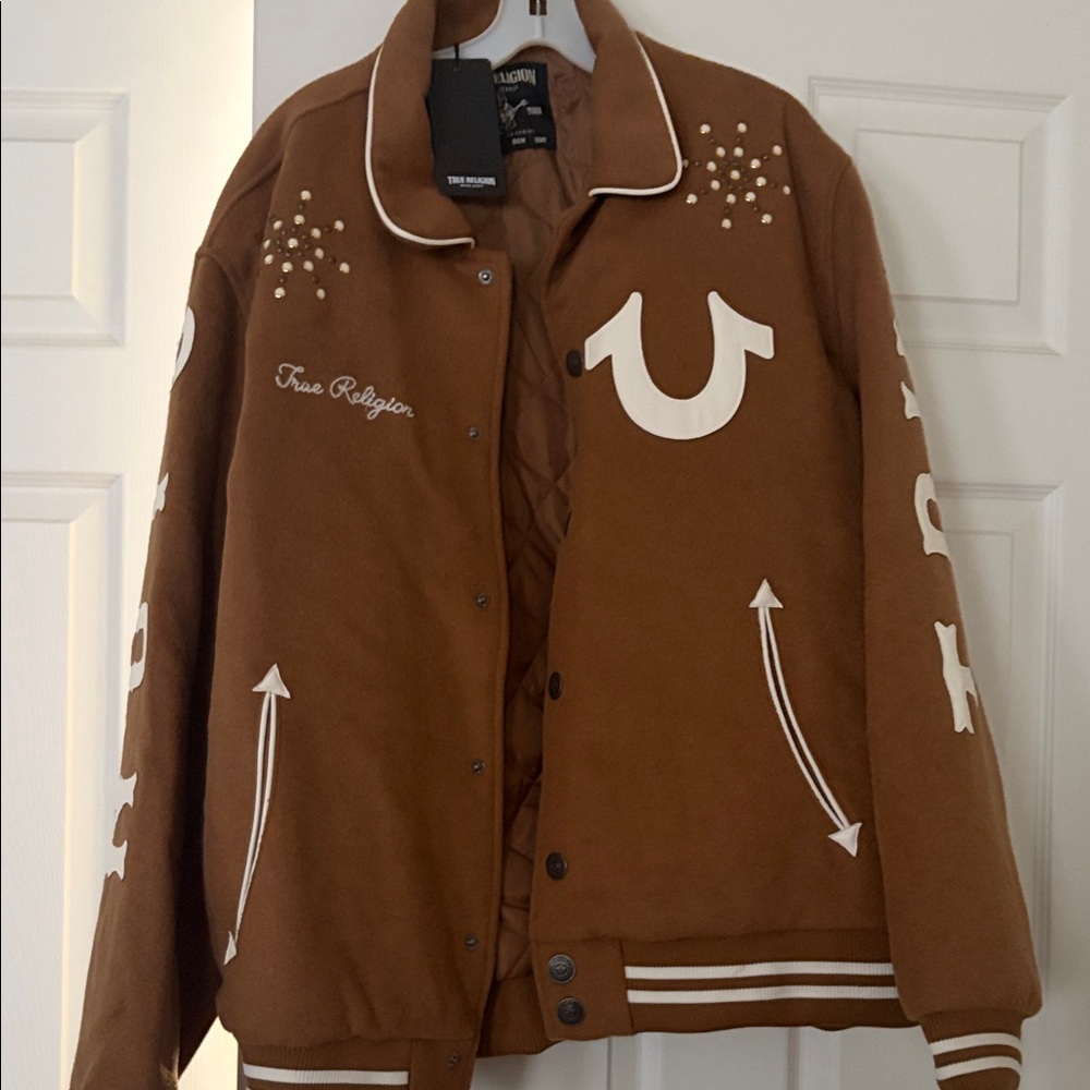 True Religion Tan Varsity Jacket with Cream Details